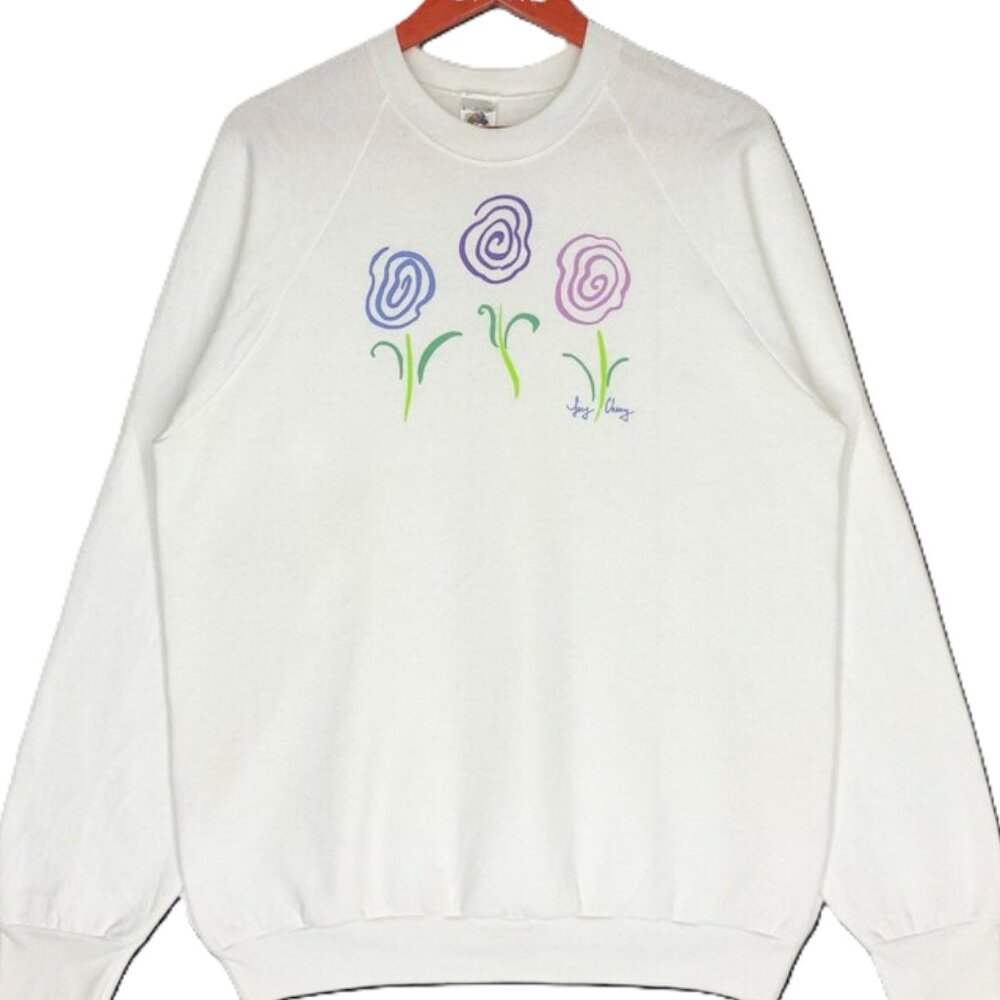 Vintage Art Flower Sweatshirt Big Logo Sweatshirt Flower White Color